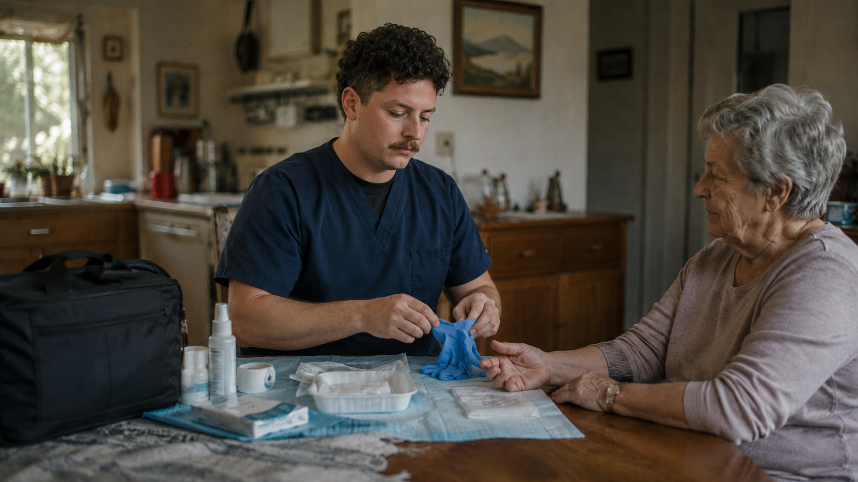 Registered Nurse preparing wound care supplies during a home visit
