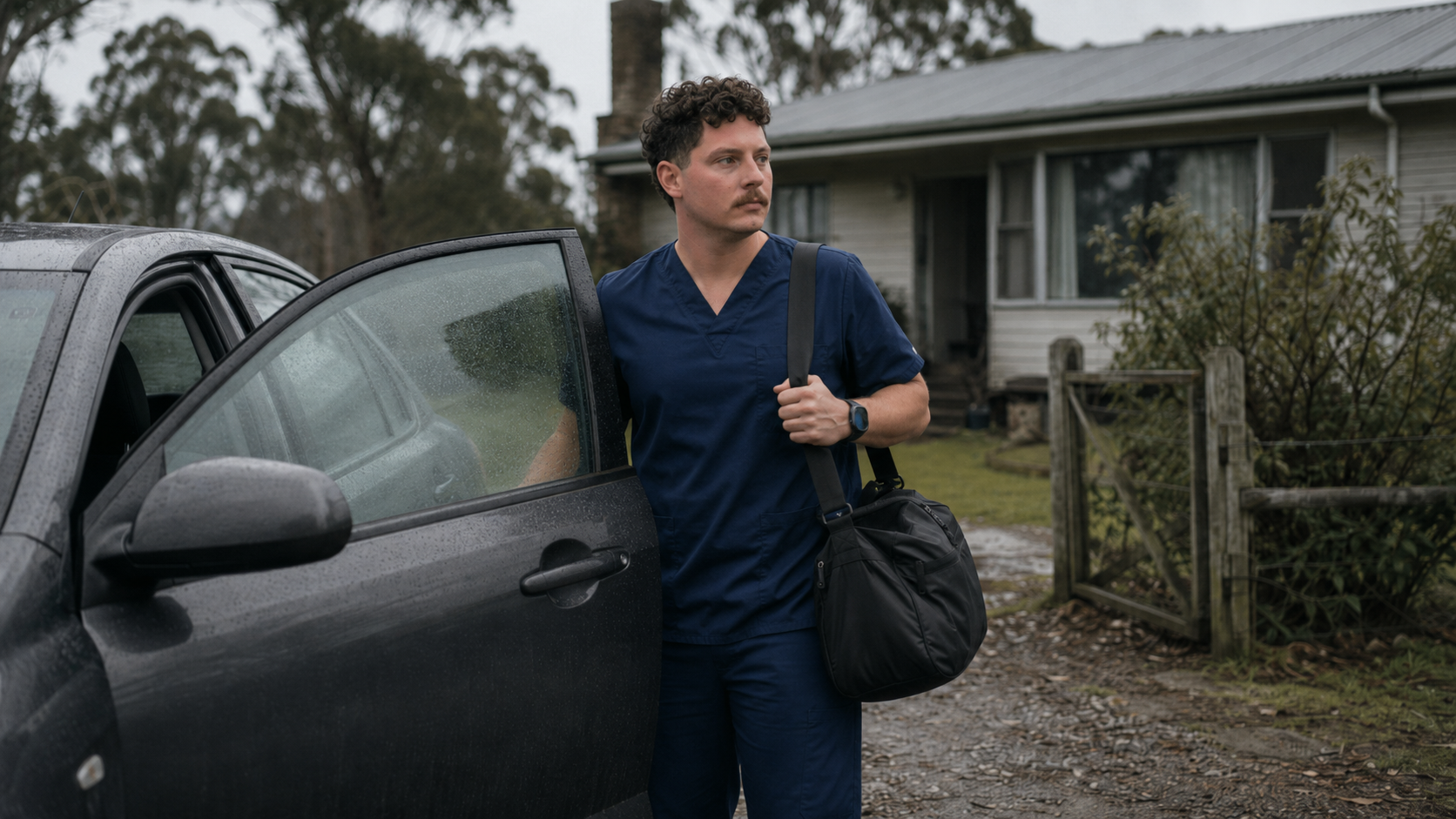 Registered Nurse arriving for a home visit in a rural Tasmanian setting